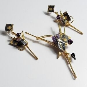 Rare Vintage mid century raw Amethyst hand made wire wrap brooch and earrings